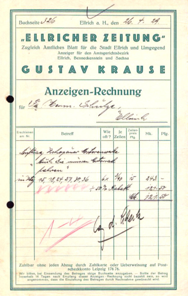 Gustav Krause Elricher Zeitung Rechung 1929