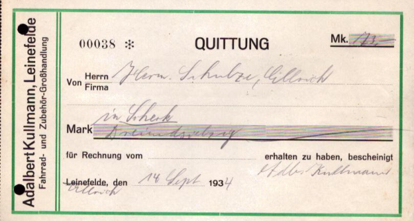 Adalbert Kullmann Leinefelde Quittung 1934