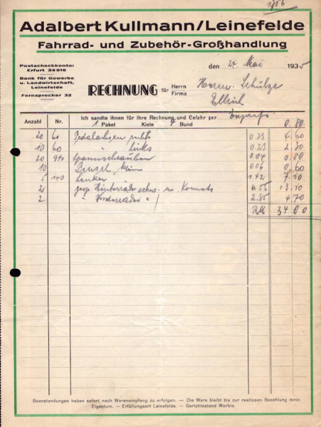 Adalbert Kullmann Leinefelde Rechnung 1934 / 1935