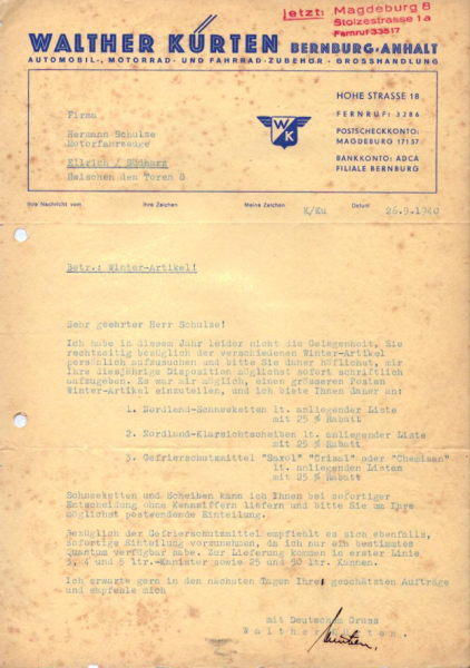 Walther Kürten Bernburg Schreiben 1940