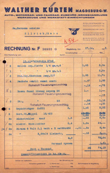 Walther Kürten Bernburg Rechnung 1943