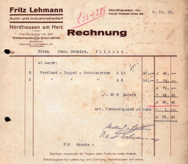 Fritz Lehmann Nordhausen Rechnung 1936