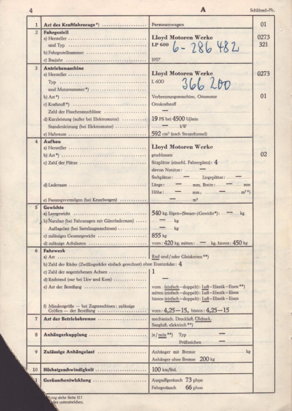 Lloyd LP 600 Original Fahrzeugbrief 1957