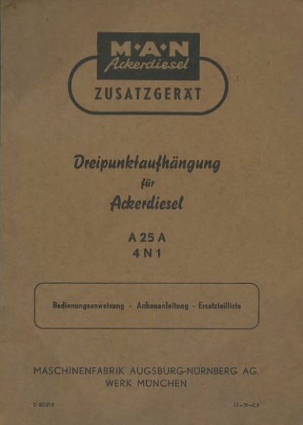 MAN Schlepper Zusatzgerät Bedienungsanleitung 1960er Jahre