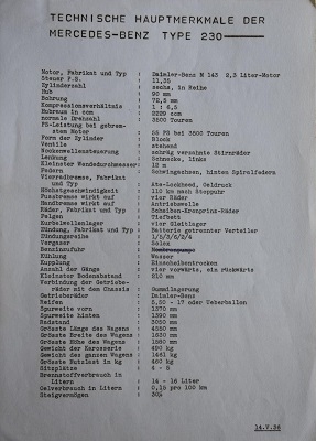 Mercedes-Benz Typ 230 W 143 Technische Daten 5.1936