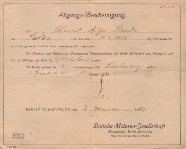 DMG Berlin-Marienfelde Abgangs-Bescheinigung 1924