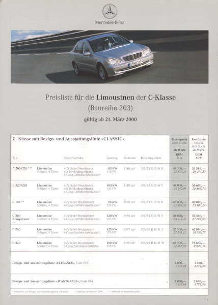 Mercedes-Benz C-Klasse Limousinen Preisliste 3.2000