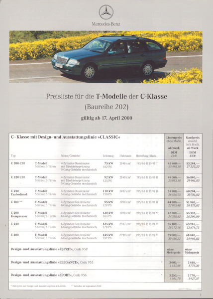 Mercedes-Benz C-Klasse T-Modelle Preisliste 4.2000