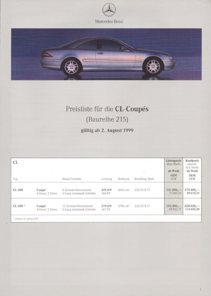 Mercedes-Benz CL-Coupes Preisliste 8.1999