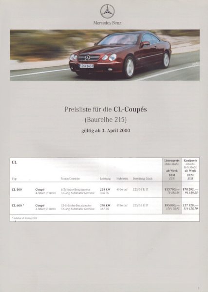 Mercedes-Benz CL-Coupes Preisliste 4.2000