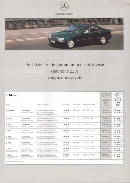 Mercedes-Benz S-Klasse Limousinen Preisliste 3.2000