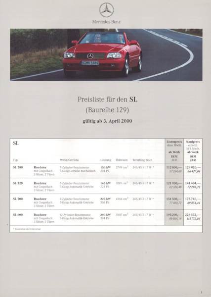 Mercedes-Benz SL Preisliste 4.2000