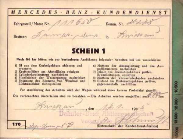Mercedes-Benz Typ 170 Kundendienstheft 1935