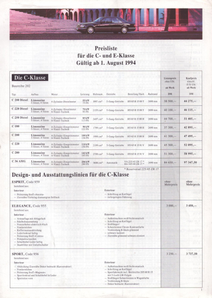Mercedes-Benz C und E-Klasse Preisliste 8.1994