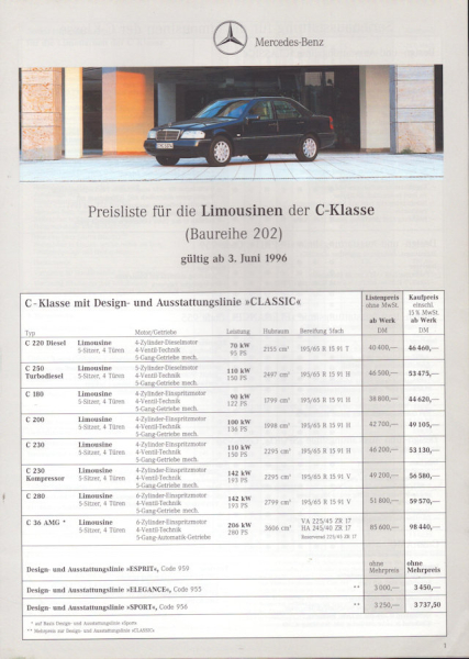 Mercedes-Benz C-Klasse Limousinen Preisliste 6.1996