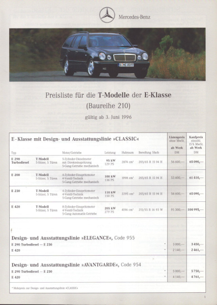 Mercedes-Benz E-Klasse T-Modelle Preisliste 6.1996