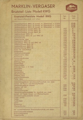 Marklin Vergaser Ersatzteilliste Type RWG 22-26 5.1955