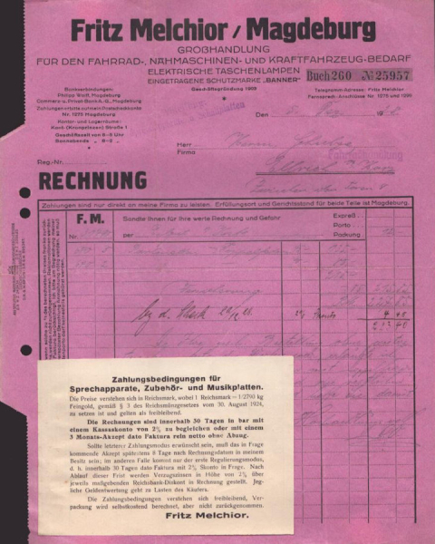 Fritz Melchior Magdeburg Rechnung 1928 / 1930