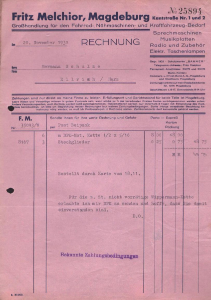 Fritz Melchior Magdeburg Rechnung 1930