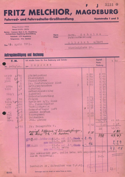 Fritz Melchior Magdeburg Rechnung 1943