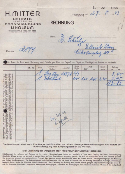 H. Mitter Großhandel Linoleum Leipzig Rechnung 1943