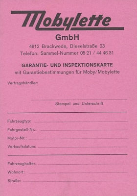 Mobylette Warranty and inspection card 1970s