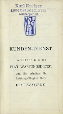 Fiat / NSU-Fiat Kundendienstheft 1951