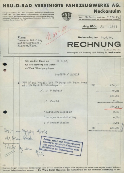 NSU 201 ZD Pony Rechnung von 1936
