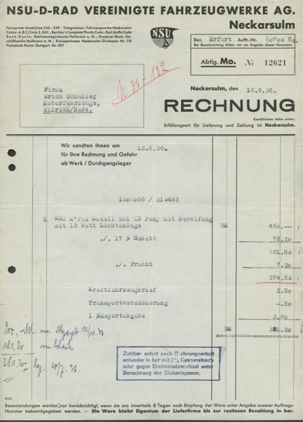 NSU 201 ZD Pony Rechnung von 1936