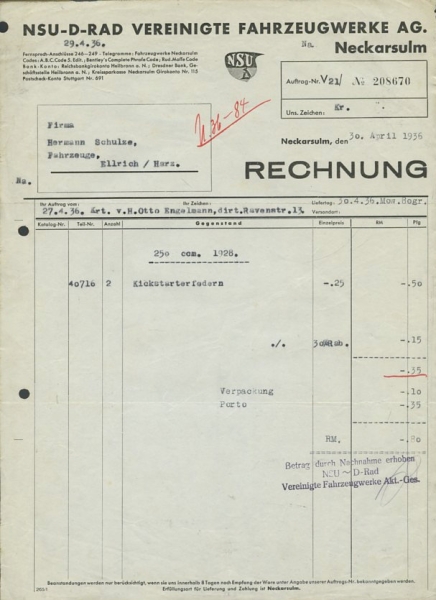 NSU 4 Teile Rechnungen von 1934-36