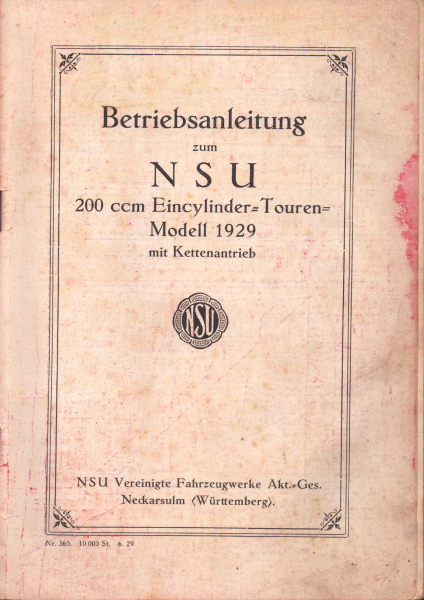 NSU 200 T Bedienungsanleitung 1929