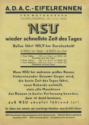 NSU Kleinplakat Eifelrennen 20.7.1930