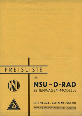 NSU Seitenwagen Modelle Preisliste 10.1932