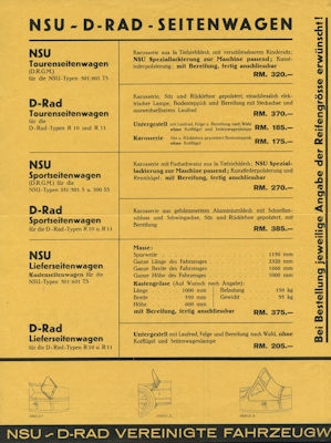 NSU Seitenwagen Modelle Preisliste 10.1932