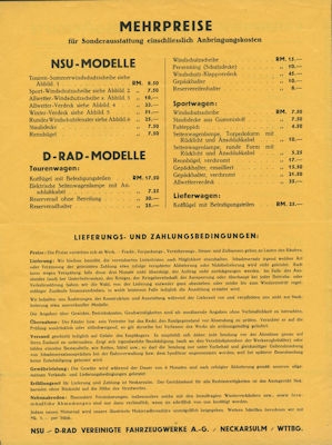 NSU Seitenwagen Modelle Preisliste 10.1932