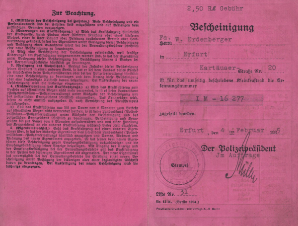 NSU 194 ccm Original Fahrzeugschein 1935