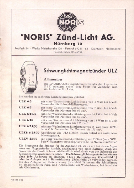 Noris Schwunglichtmagnetzünder ULZ Beschreibung 1952