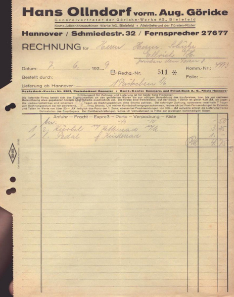 Hans Ollndorf Hannover Rechnung 1929