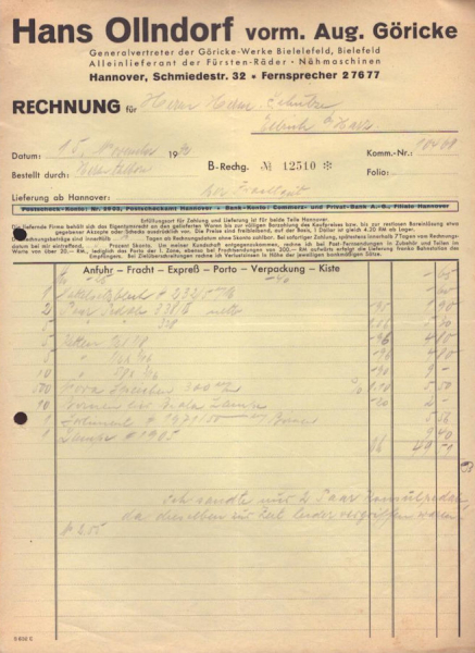 Hans Ollndorf Hannover Rechnung 1932 / 1933