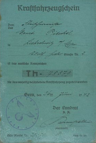 Opel Olympia 1279 ccm Fahrzeugschein 1942
