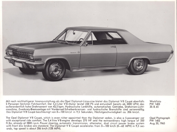 Opel Dipolmat V8 Coupé Werksfoto 8.1965