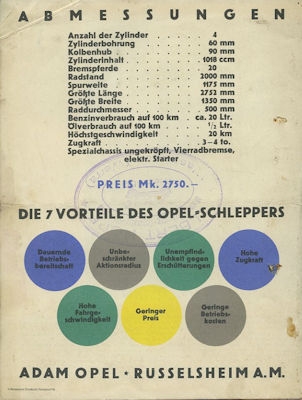 Opel 4 PS Schlepper Prospekt ca. 1925