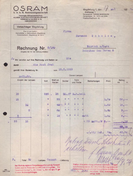Osram Verkaufslager Magdeburg Rechnung 1928