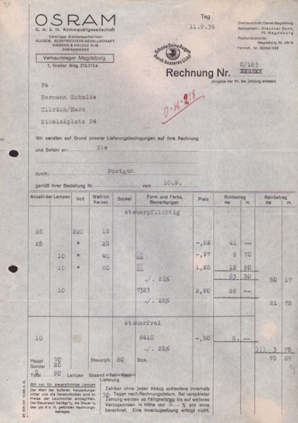 Osram Verkaufslager Magdeburg Rechnung 1929-1936