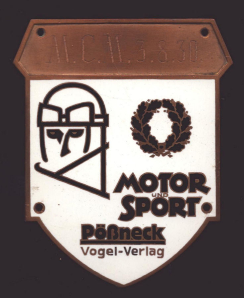 Plakette Motor & Sport Pößneck, Vogel Verlag 3.8.1930