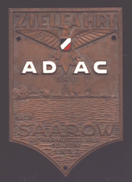 Plakette ADAC Gau I Zielfahrt nach Saarow / Scharmützelsee 12.6.1932