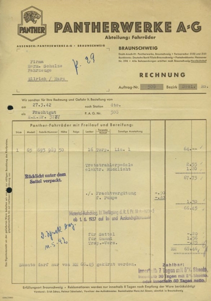 Panther Fahrrad Rechnung 1942