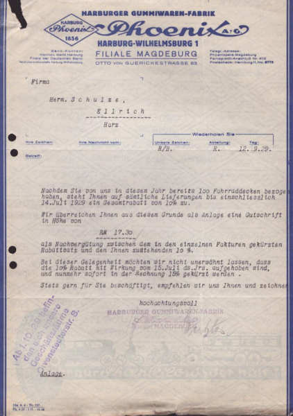 Harburger Gummiwaren-Fabrik Phoenix Rechnung 1929