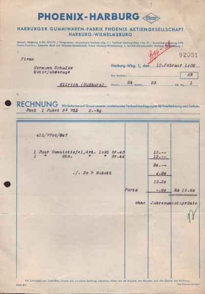 Harburger Gummiwaren-Fabrik Phoenix Rechnung 1936