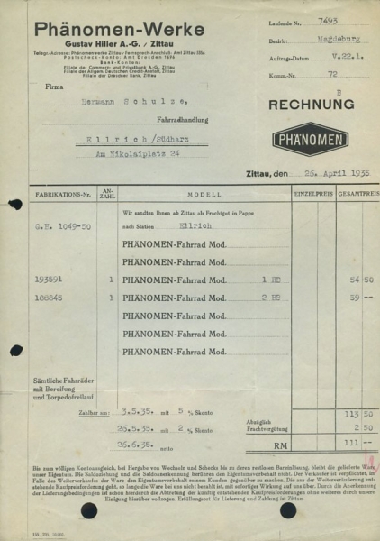 Phänomen Fahrrad Rechnung 1935